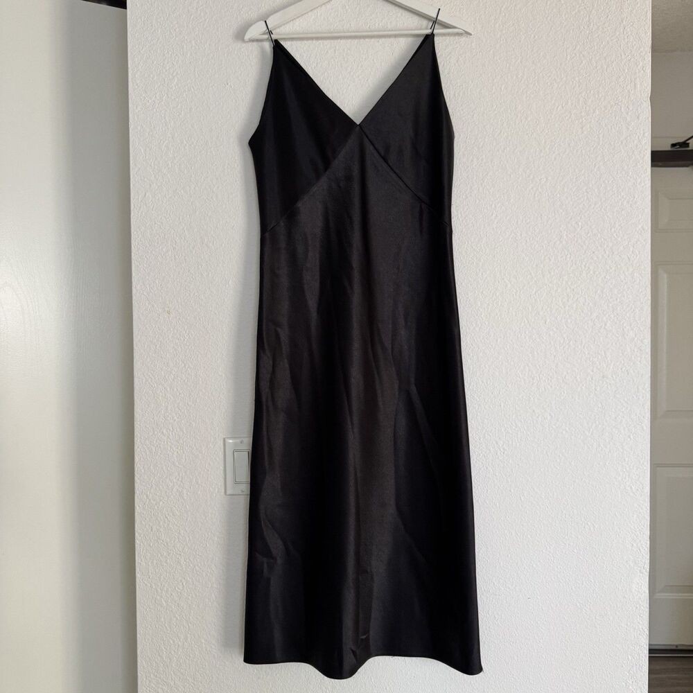 VINCE Black Satin V-Neck Midi Slip Dress Sz M Quiet Luxury Minimalist MSRP $295 - Picture 9 of 16